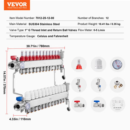12-Branch Radiant Heat Manifold, 1/2" PEX Tubing Manifold, Stainless Steel PEX Manifold for Hydronic Radiant Floor Heating, Radiant Heat PEX Manifold Kit with 1/2" Adapters Included