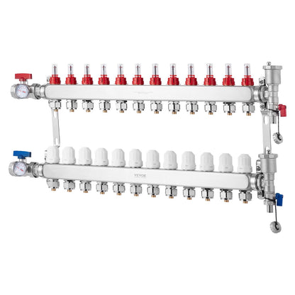 12-Branch Radiant Heat Manifold, 1/2" PEX Tubing Manifold, Stainless Steel PEX Manifold for Hydronic Radiant Floor Heating, Radiant Heat PEX Manifold Kit with 1/2" Adapters Included