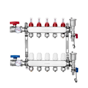 5-Branch Radiant Heat Manifold, 1/2" PEX Tubing Manifold, Stainless Steel PEX Manifold for Hydronic Radiant Floor Heating, Radiant Heat PEX Manifold Kit with 1/2" Adapters Included