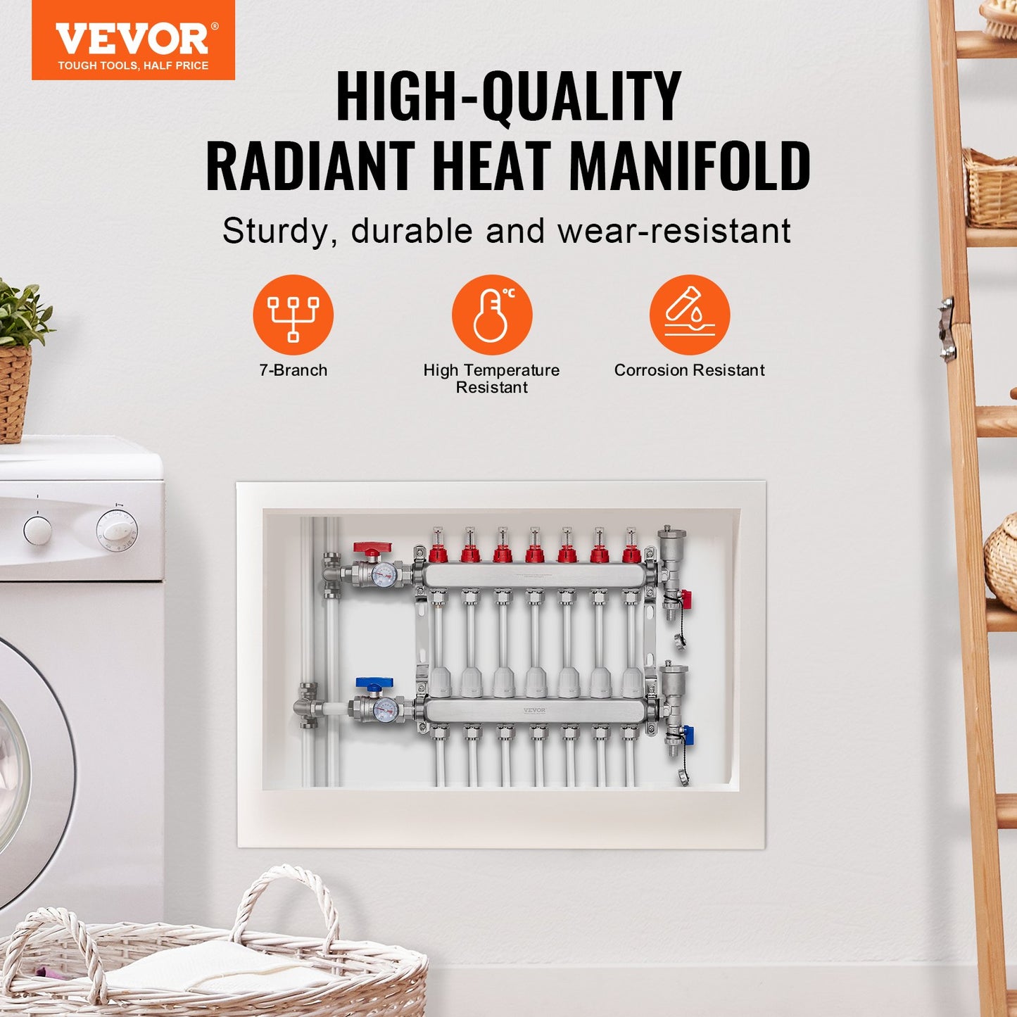 7-Branch Radiant Heat Manifold, 1/2" PEX Tubing Manifold, Stainless Steel PEX Manifold for Hydronic Radiant Floor Heating, Radiant Heat PEX Manifold Kit with 1/2" Adapters Included