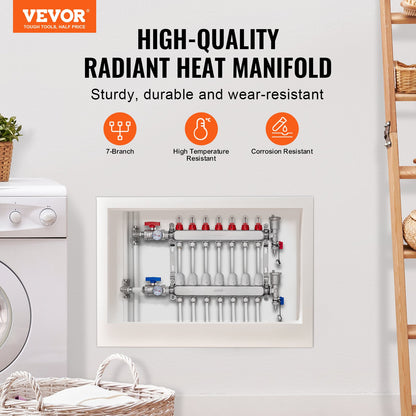 7-Branch Radiant Heat Manifold, 1/2" PEX Tubing Manifold, Stainless Steel PEX Manifold for Hydronic Radiant Floor Heating, Radiant Heat PEX Manifold Kit with 1/2" Adapters Included