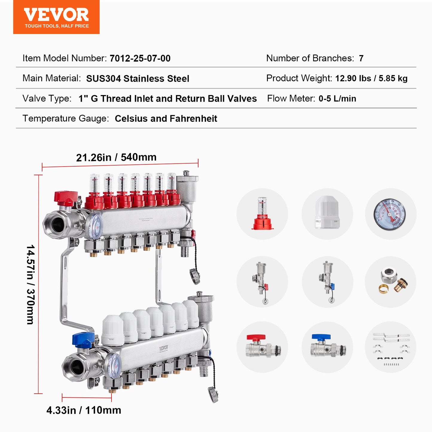 7-Branch Radiant Heat Manifold, 1/2" PEX Tubing Manifold, Stainless Steel PEX Manifold for Hydronic Radiant Floor Heating, Radiant Heat PEX Manifold Kit with 1/2" Adapters Included