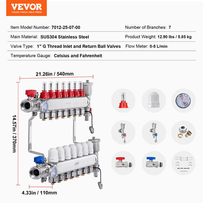 7-Branch Radiant Heat Manifold, 1/2" PEX Tubing Manifold, Stainless Steel PEX Manifold for Hydronic Radiant Floor Heating, Radiant Heat PEX Manifold Kit with 1/2" Adapters Included