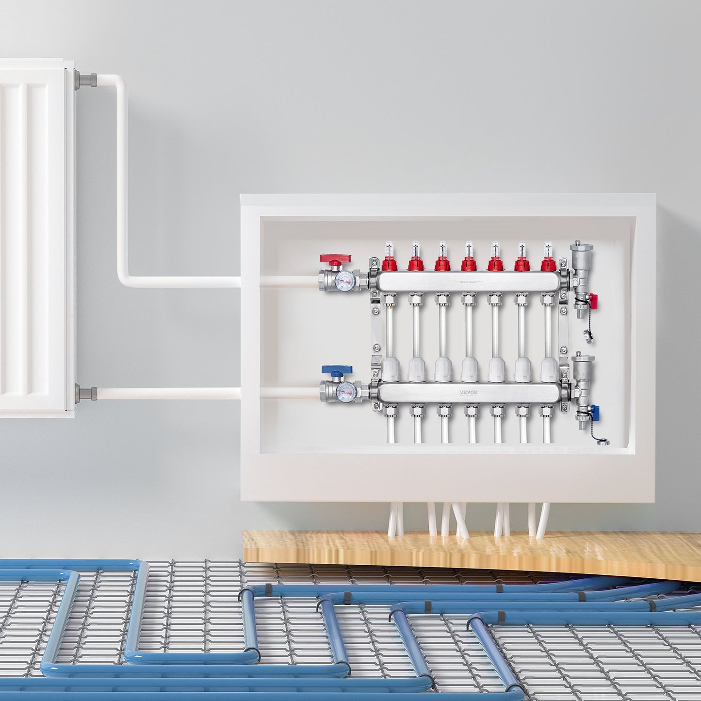 7-Branch Radiant Heat Manifold, 1/2" PEX Tubing Manifold, Stainless Steel PEX Manifold for Hydronic Radiant Floor Heating, Radiant Heat PEX Manifold Kit with 1/2" Adapters Included