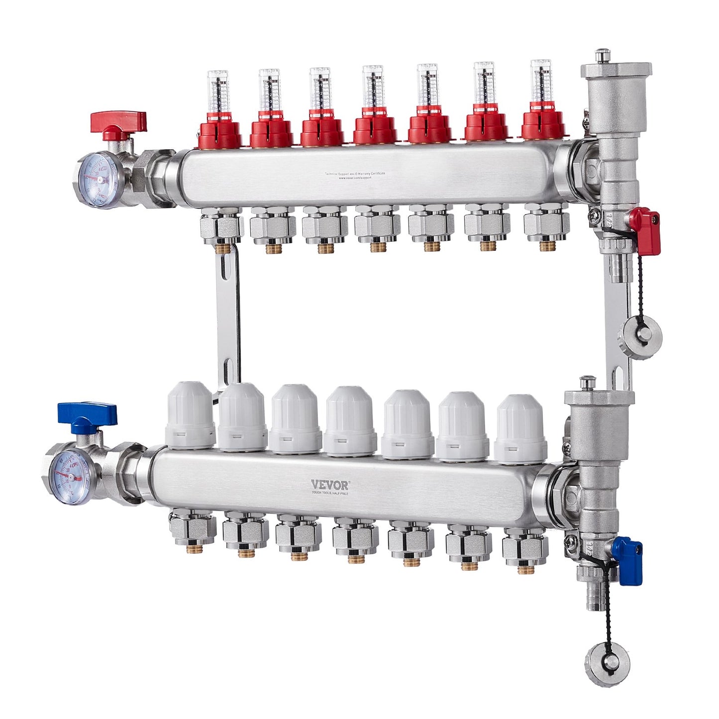 7-Branch Radiant Heat Manifold, 1/2" PEX Tubing Manifold, Stainless Steel PEX Manifold for Hydronic Radiant Floor Heating, Radiant Heat PEX Manifold Kit with 1/2" Adapters Included