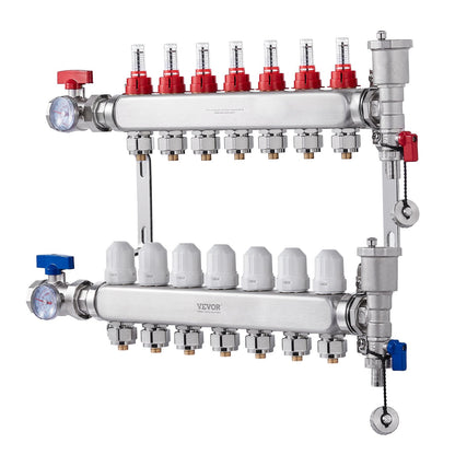 7-Branch Radiant Heat Manifold, 1/2" PEX Tubing Manifold, Stainless Steel PEX Manifold for Hydronic Radiant Floor Heating, Radiant Heat PEX Manifold Kit with 1/2" Adapters Included