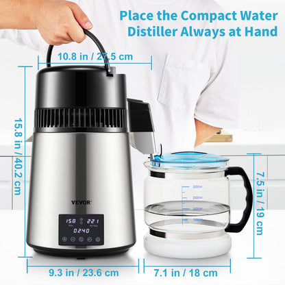 4L Water Distiller 1.5L/H Distilled Water Maker Timing Dual-Temp Silver