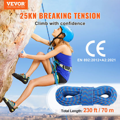 Person climbing a rock face with a climbing rope and helmet, featuring product details.