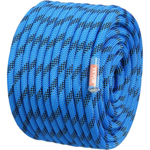 Blue Climbing Rope with black pattern, coiled on a spool, featuring a Vevor label.