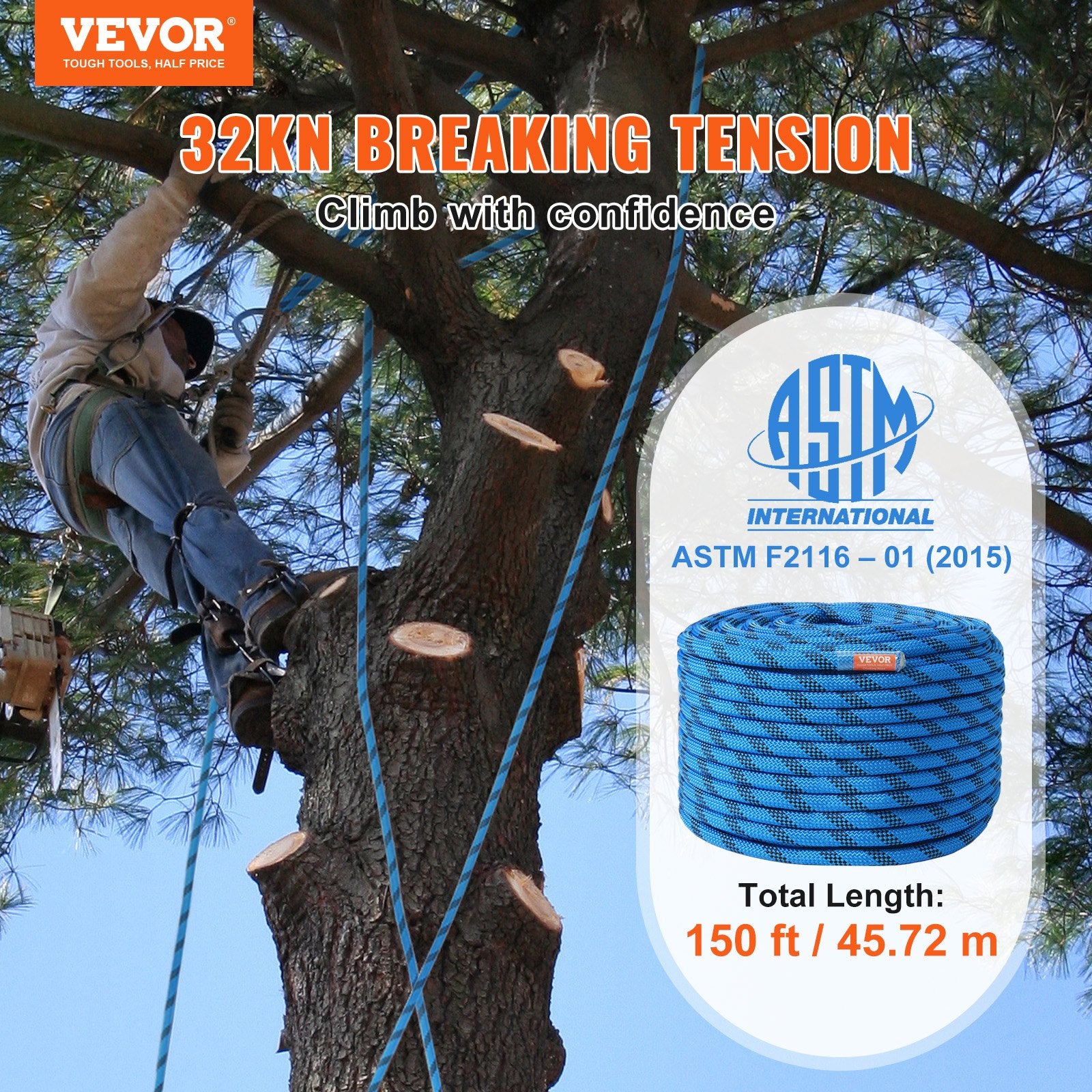 Person climbing a tree with a climbing rope, featuring ASTM certification.