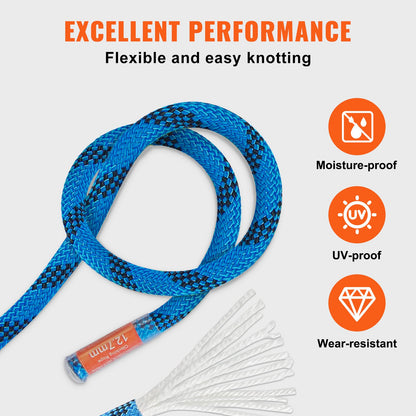 Blue Climbing Rope with certification icons for moisture-proof, UV-proof, and wear-resistant on a white background.