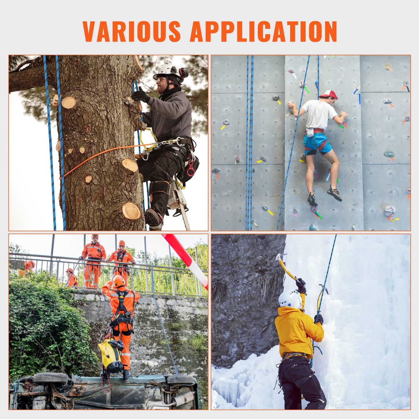 A collage of people using Climbing Rope equipment in various applications, including tree trimming, rock climbing, and ice climbing.