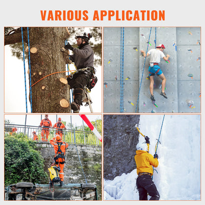 A collage of people using Climbing Rope equipment in various applications, including tree trimming, rock climbing, and ice climbing.