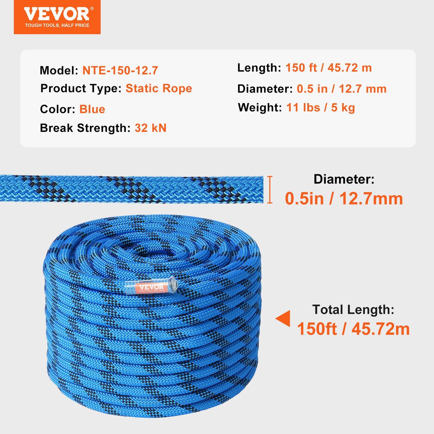 Blue Climbing Rope  and product details on a white background