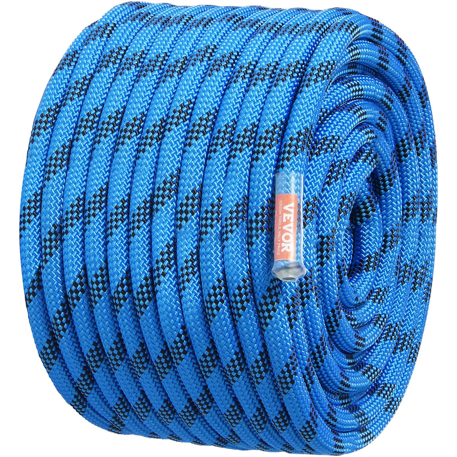 Blue Climbing Rope with black pattern, coiled on a white background