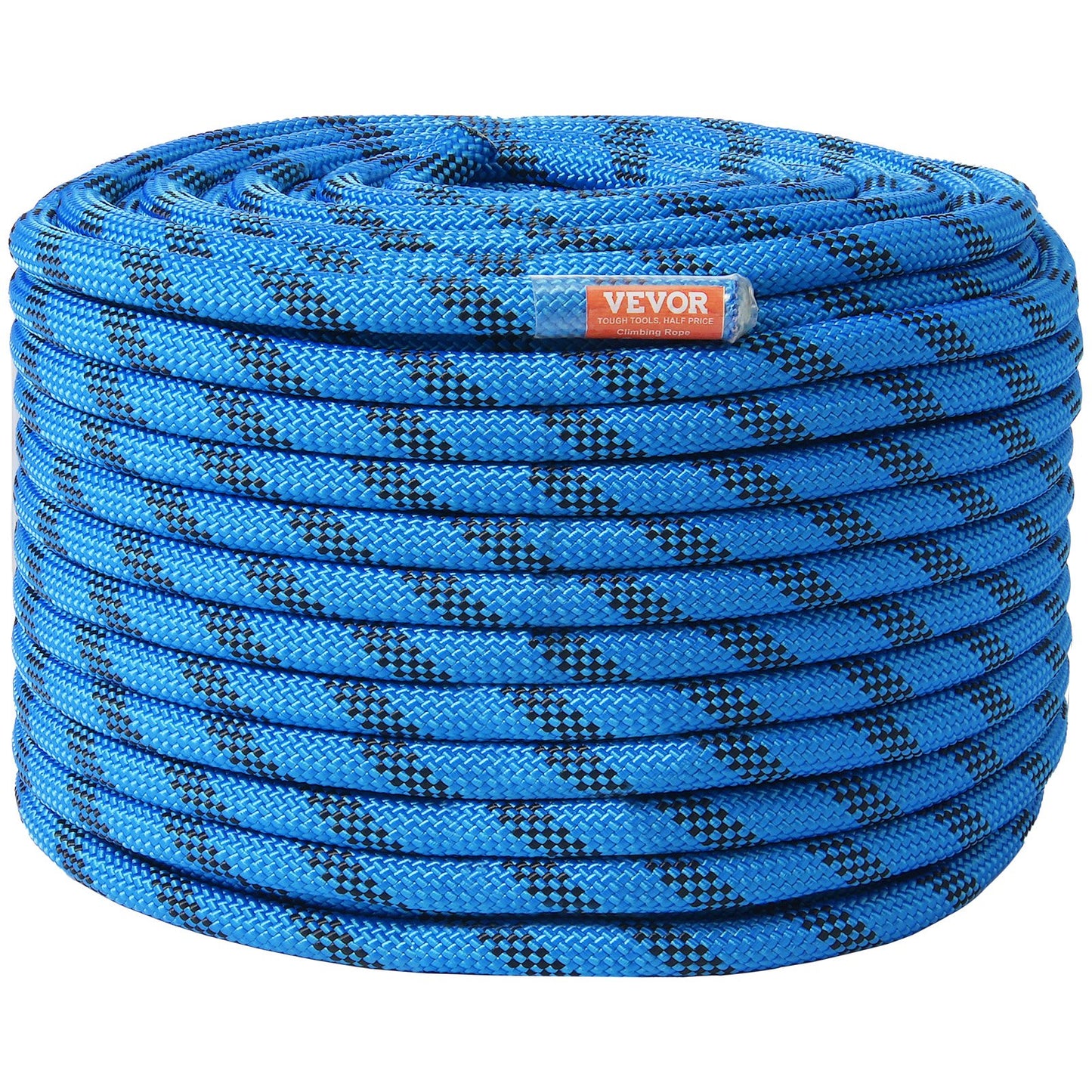 Coiled blue Climbing Rope  with black pattern on a white background