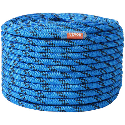 Coiled blue Climbing Rope  with black pattern on a white background
