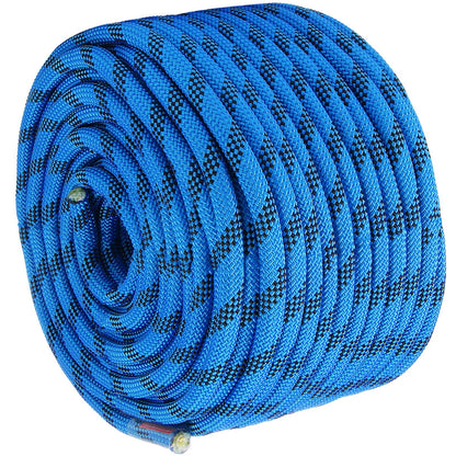 Coiled blue Climbing Rope with black pattern on a white background