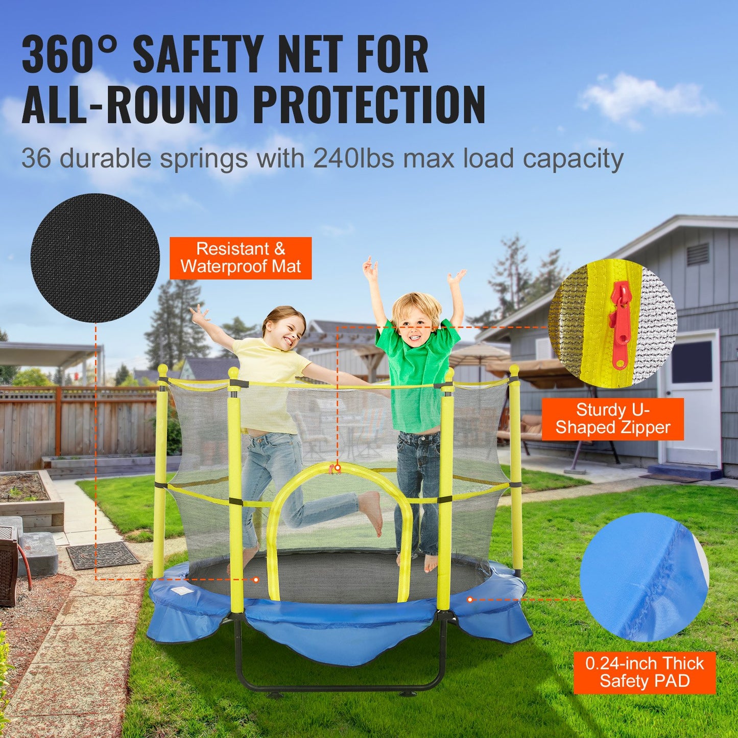 5FT Trampoline for Kids, 60" Indoor Outdoor Trampoline with Safety Enclosure Net, Basketball Hoop and Ocean Balls, Mini Toddler Recreational Trampoline Birthday Gifts for 3+ Years Kids