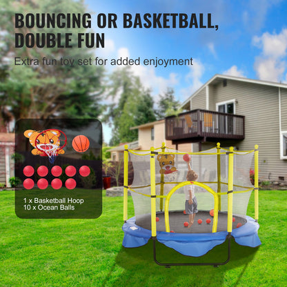 5FT Trampoline for Kids, 60" Indoor Outdoor Trampoline with Safety Enclosure Net, Basketball Hoop and Ocean Balls, Mini Toddler Recreational Trampoline Birthday Gifts for 3+ Years Kids