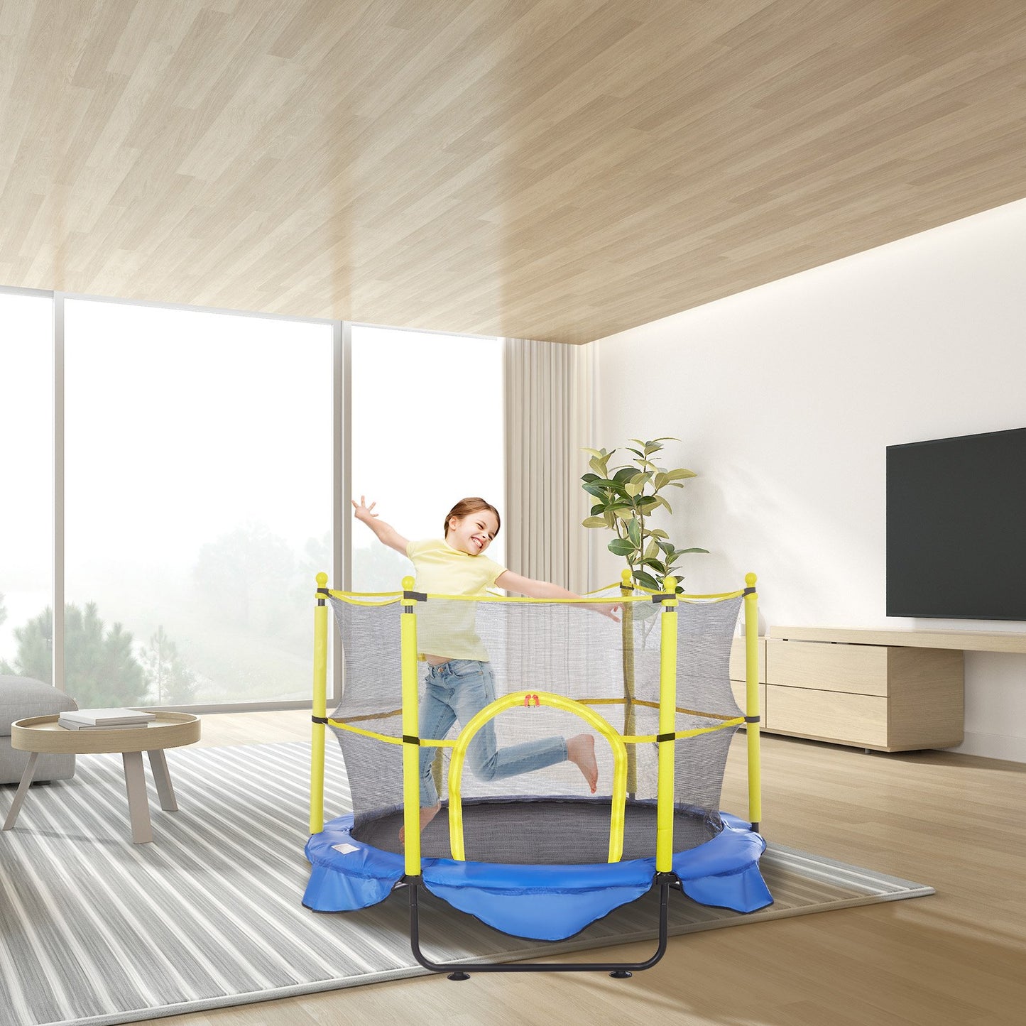 5FT Trampoline for Kids, 60" Indoor Outdoor Trampoline with Safety Enclosure Net, Basketball Hoop and Ocean Balls, Mini Toddler Recreational Trampoline Birthday Gifts for 3+ Years Kids