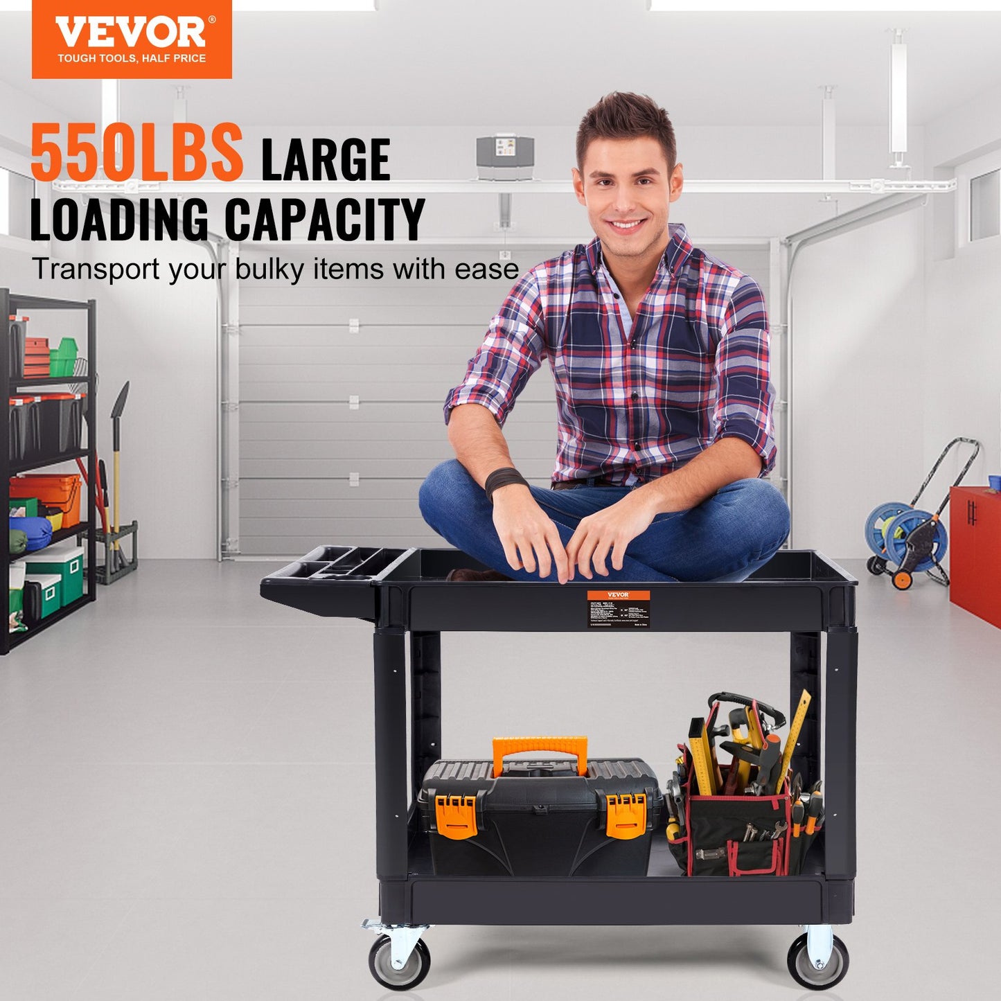 Utility Service Cart, 2 Shelf 550LBS Heavy Duty Plastic Rolling Utility Cart with 360° Swivel Wheels (2 with Brakes), Large Lipped Shelf, Ergonomic Storage Handle for Warehouse/Garage/Cleaning