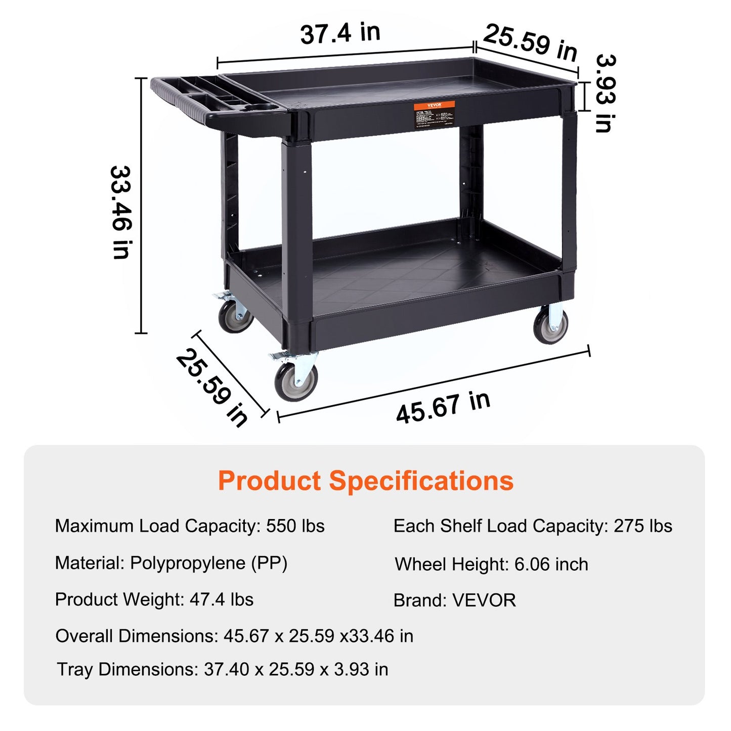 Utility Service Cart, 2 Shelf 550LBS Heavy Duty Plastic Rolling Utility Cart with 360° Swivel Wheels (2 with Brakes), Large Lipped Shelf, Ergonomic Storage Handle for Warehouse/Garage/Cleaning