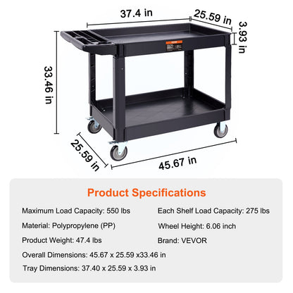 Utility Service Cart, 2 Shelf 550LBS Heavy Duty Plastic Rolling Utility Cart with 360° Swivel Wheels (2 with Brakes), Large Lipped Shelf, Ergonomic Storage Handle for Warehouse/Garage/Cleaning
