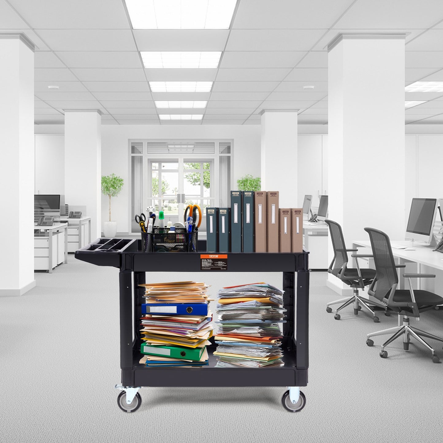 Utility Service Cart, 2 Shelf 550LBS Heavy Duty Plastic Rolling Utility Cart with 360° Swivel Wheels (2 with Brakes), Large Lipped Shelf, Ergonomic Storage Handle for Warehouse/Garage/Cleaning