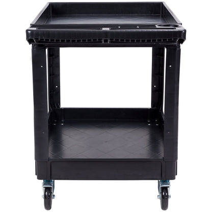 Utility Service Cart, 2 Shelf 550LBS Heavy Duty Plastic Rolling Utility Cart with 360° Swivel Wheels (2 with Brakes), Large Lipped Shelf, Ergonomic Storage Handle for Warehouse/Garage/Cleaning