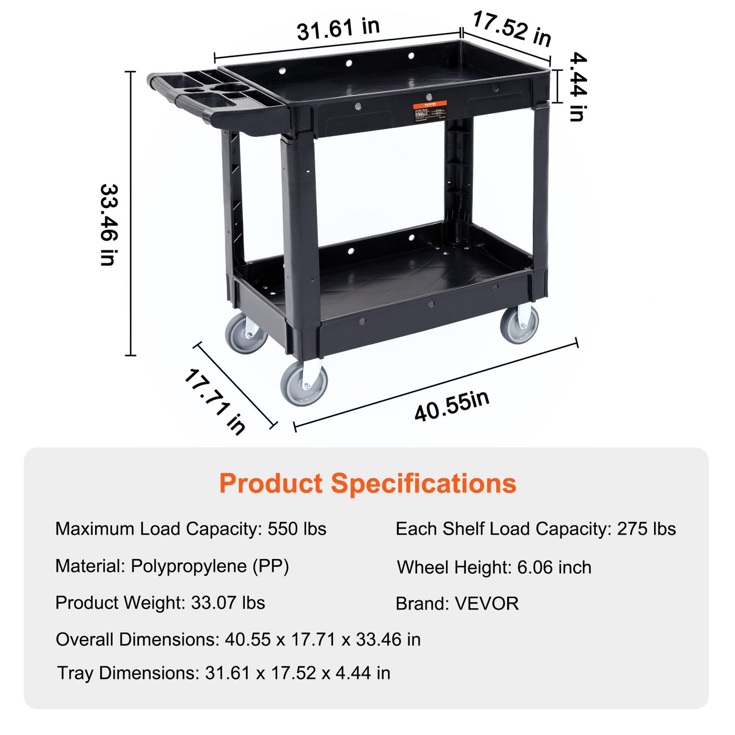 Utility Service Cart, 2 Shelf 550LBS Heavy Duty Plastic Rolling Utility Cart with 360° Swivel Wheels, Medium Lipped Shelf, Ergonomic Storage Handle for Warehouse/Garage/Cleaning/Office