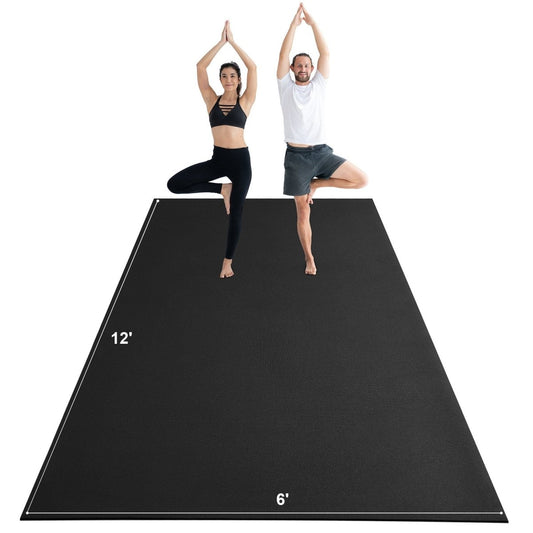 Two people performing yoga poses on a large black mat with dimensions indicated.