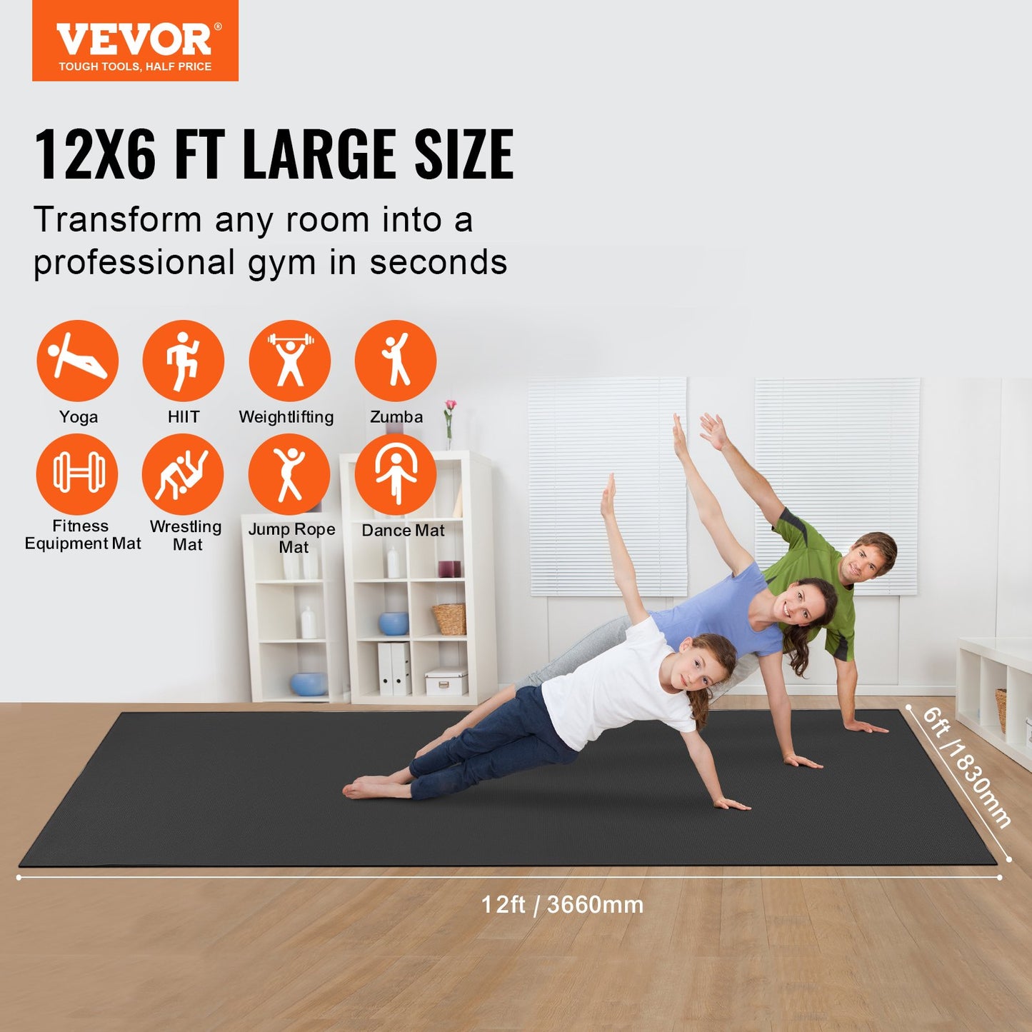 Vevor yoga mat with children exercising on it, promoting a large size mat for home gyms.