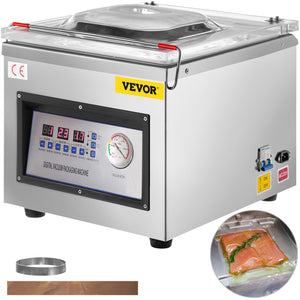 Vevor vacuum packaging machine with digital control panel and inset showing food packaging.