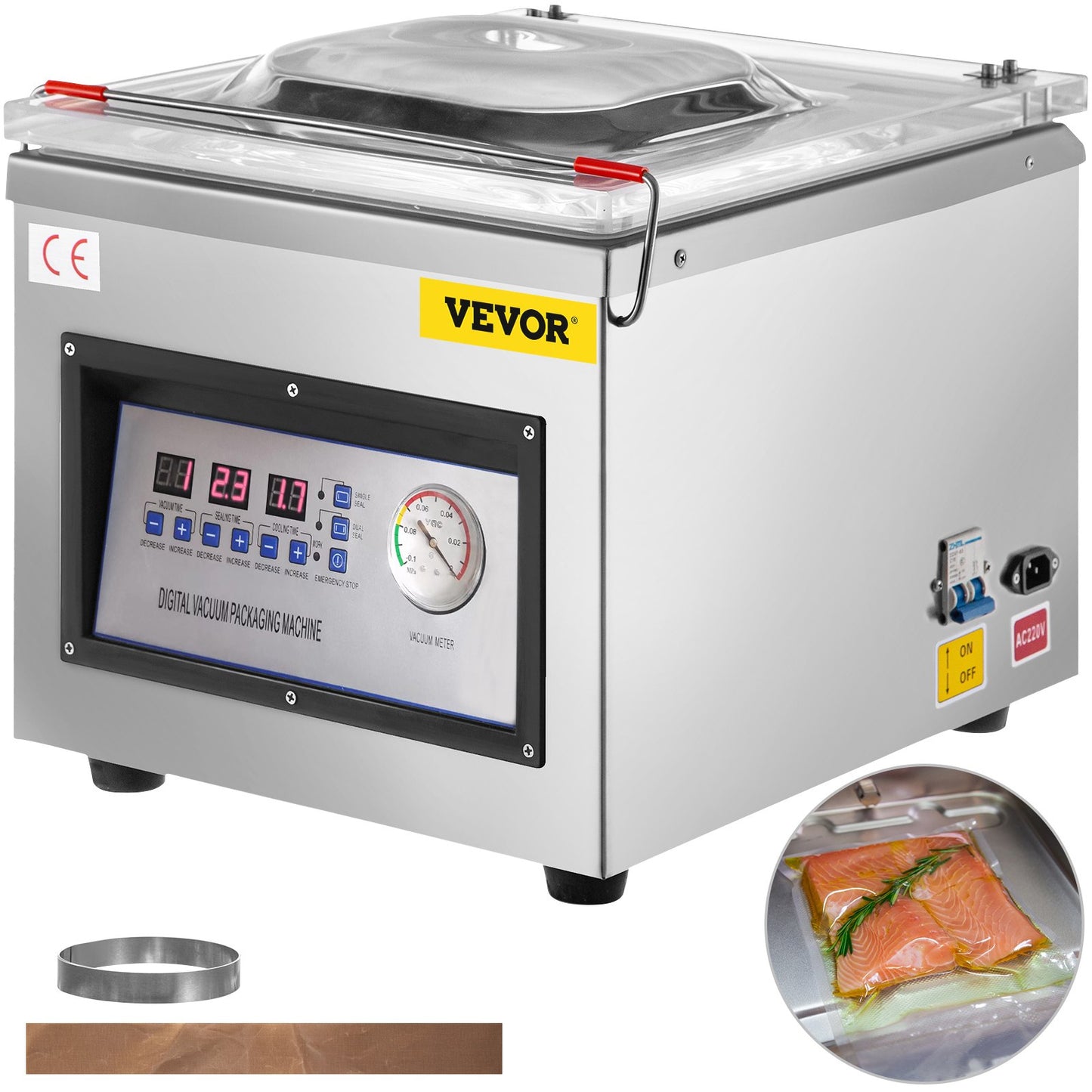 Vevor vacuum packaging machine with digital control panel and inset showing food packaging.