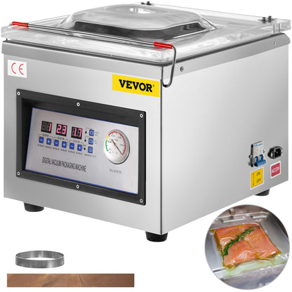 Vevor vacuum packaging machine with digital control panel and inset showing food packaging.