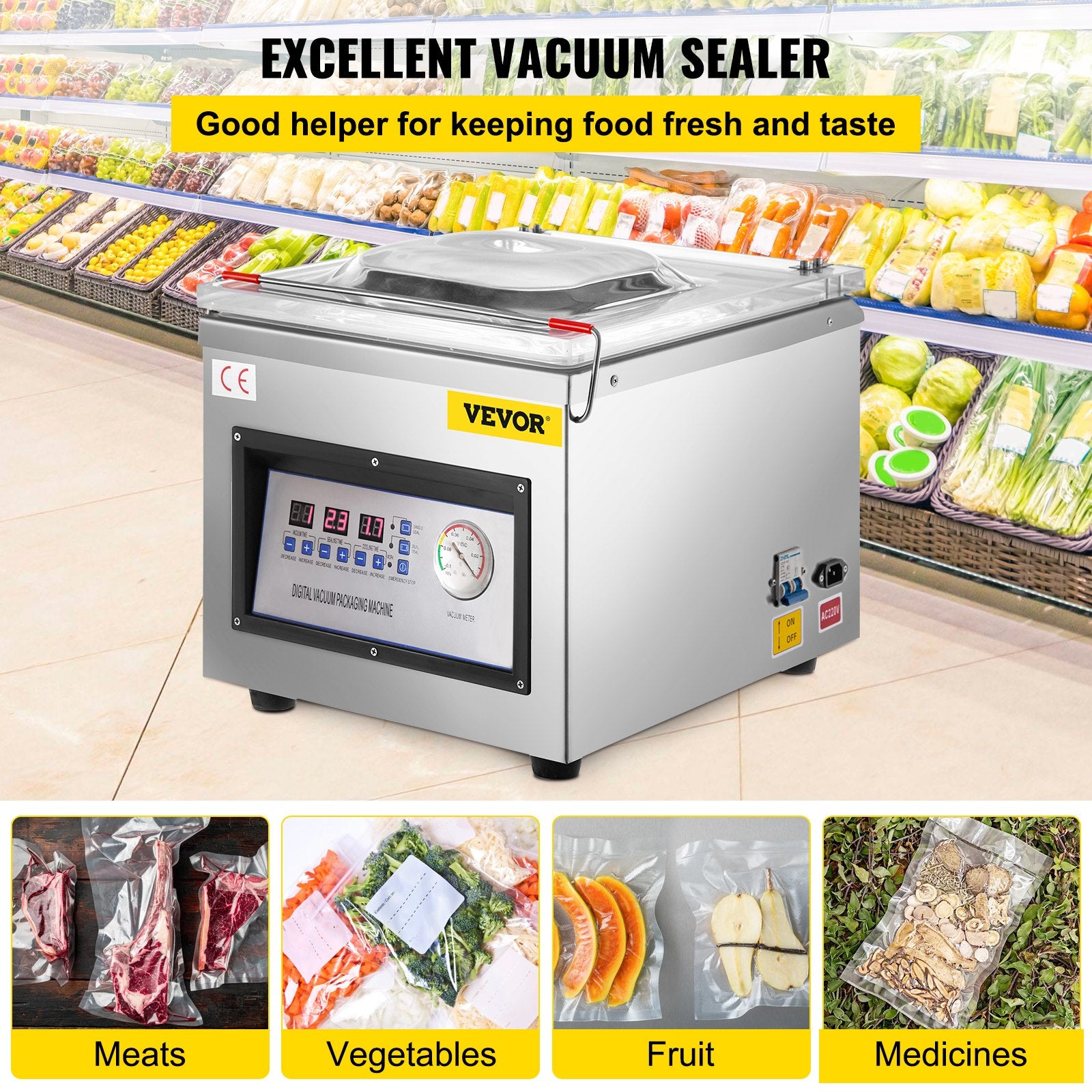 Vevor vacuum sealer with images of food packaging below in a supermarket setting