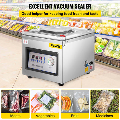 Vevor vacuum sealer with images of food packaging below in a supermarket setting