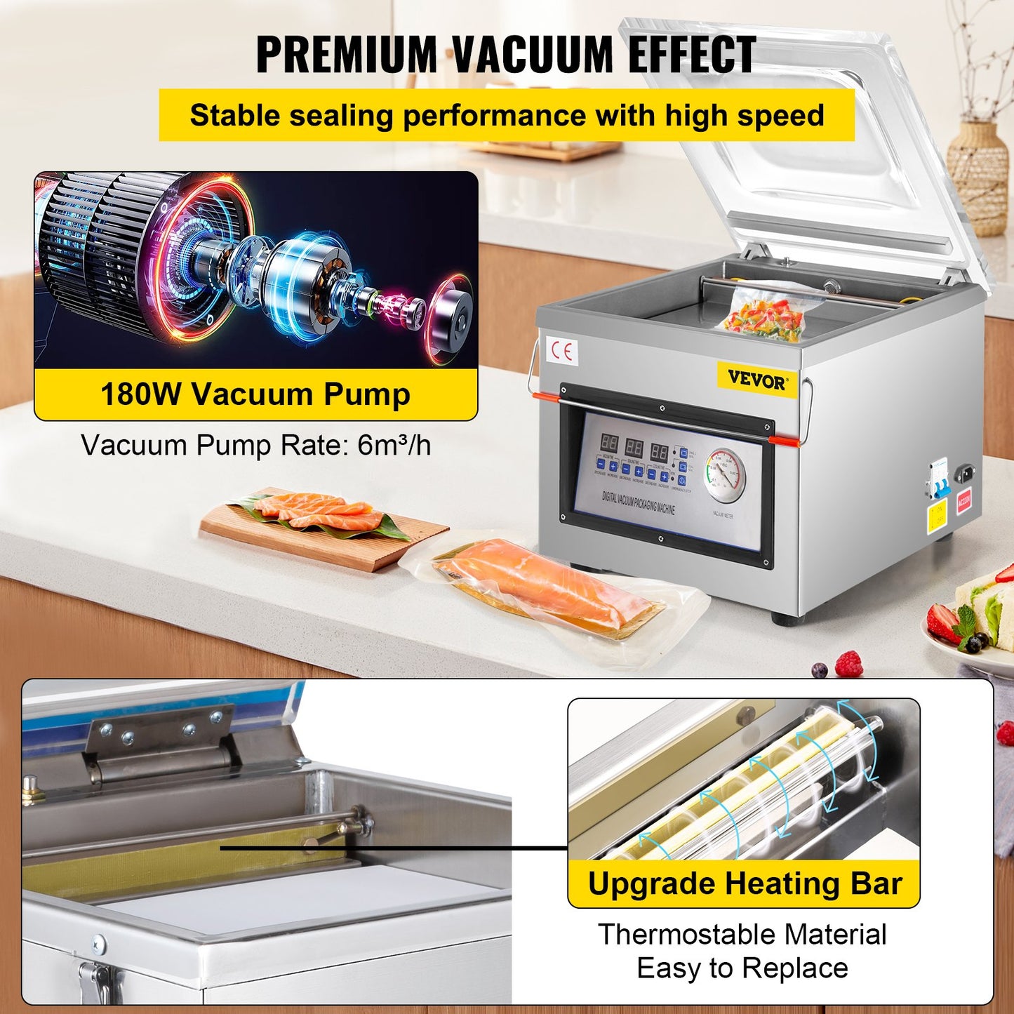Vacuum sealing machine with 180W vacuum pump and upgrade heating bar on a kitchen counter.