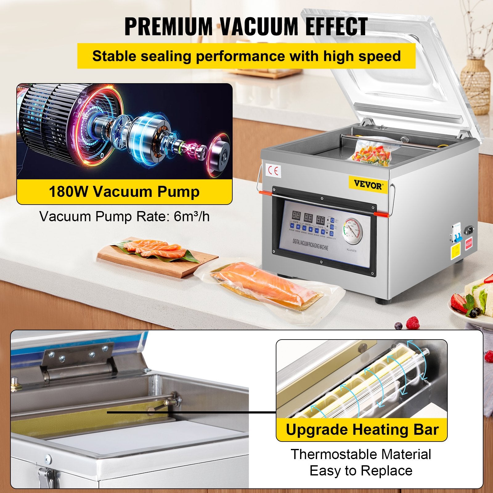 Vacuum sealing machine with 180W vacuum pump and upgrade heating bar on a kitchen counter.