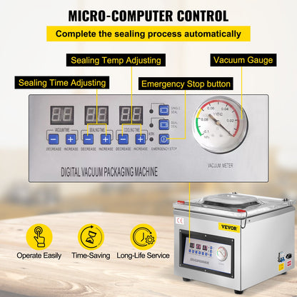 Digital vacuum packaging machine with control panel and features highlighted