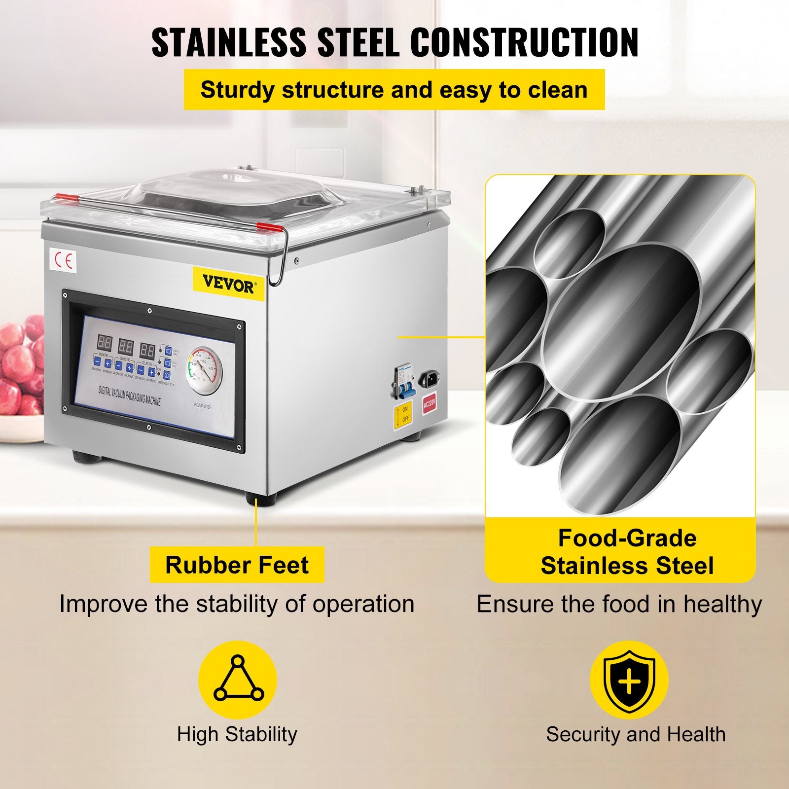 Vacuum packaging machine with stainless steel construction features and Vevor branding.
