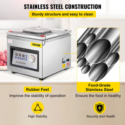 Vacuum packaging machine with stainless steel construction features and Vevor branding.