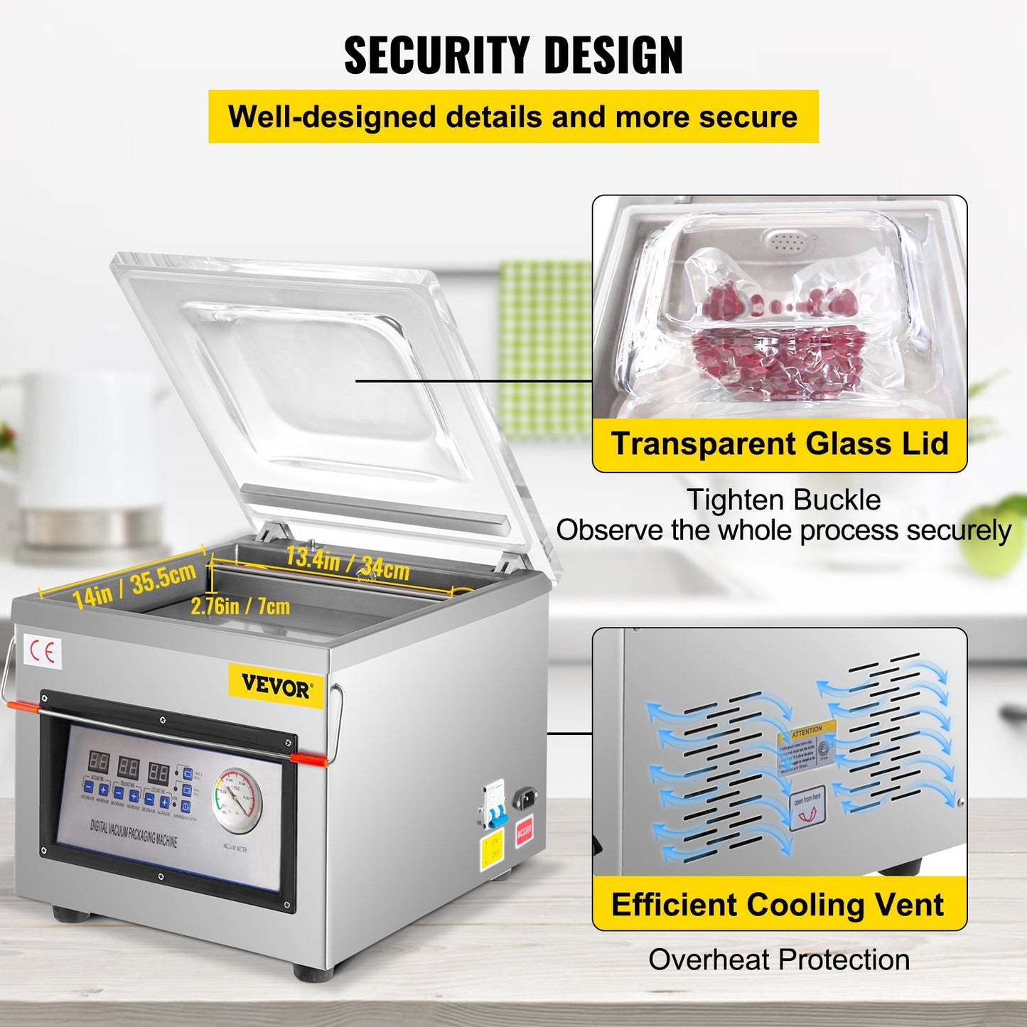 Vacuum sealer with transparent glass lid and efficient cooling vent, featuring Vevor branding.