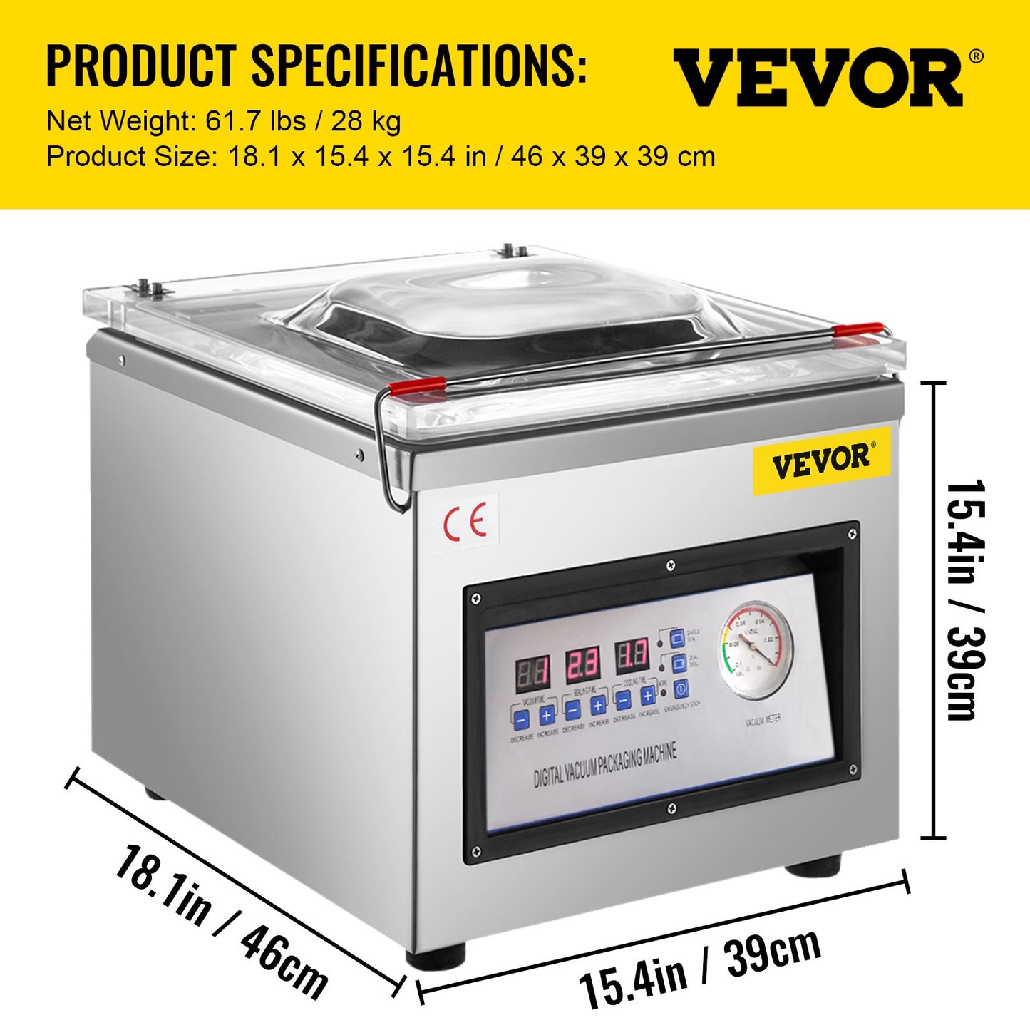 Vevor vacuum packaging machine with specifications on a white background