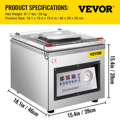 Vevor vacuum packaging machine with specifications on a white background