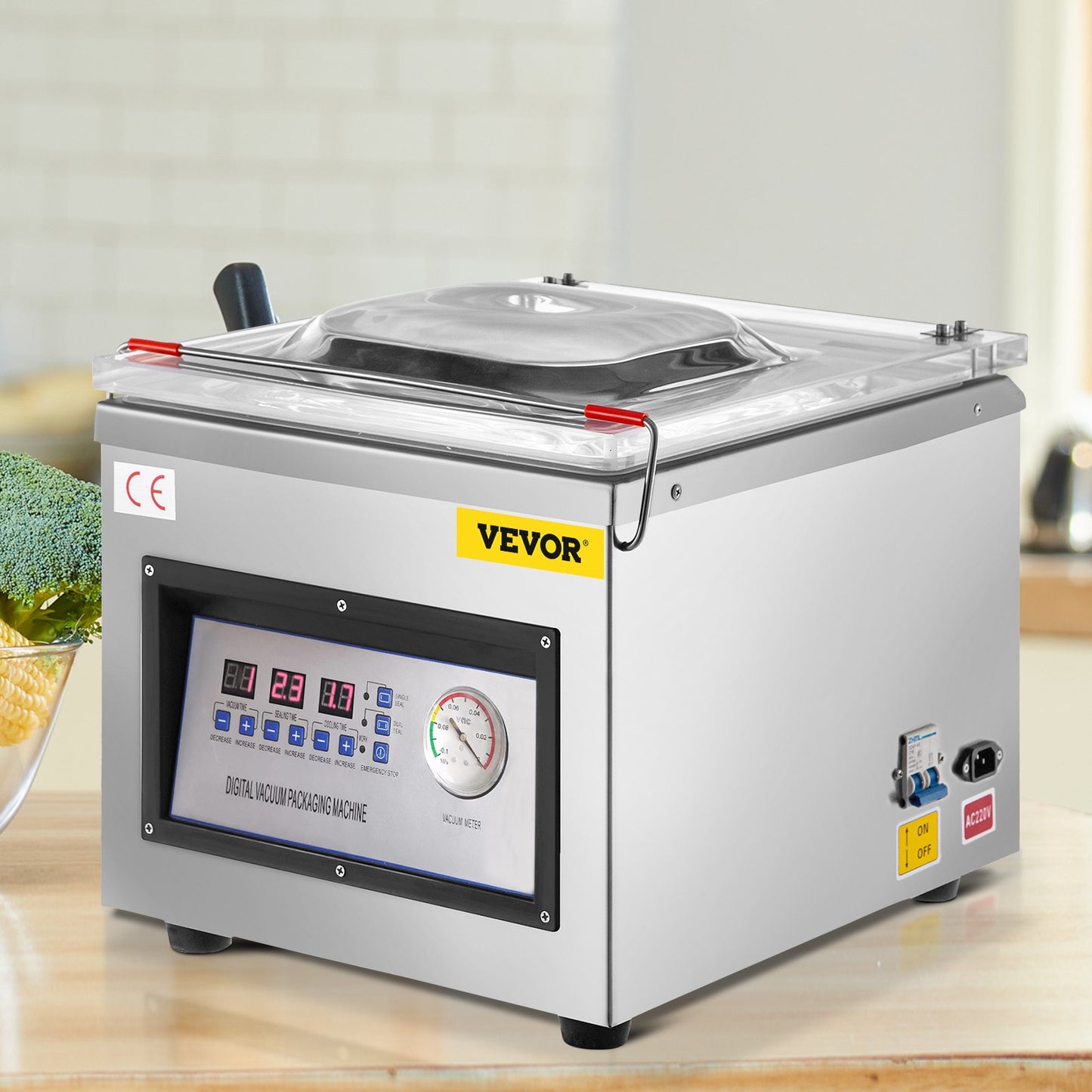 Vacuum packaging machine on a wooden surface with a blurred background