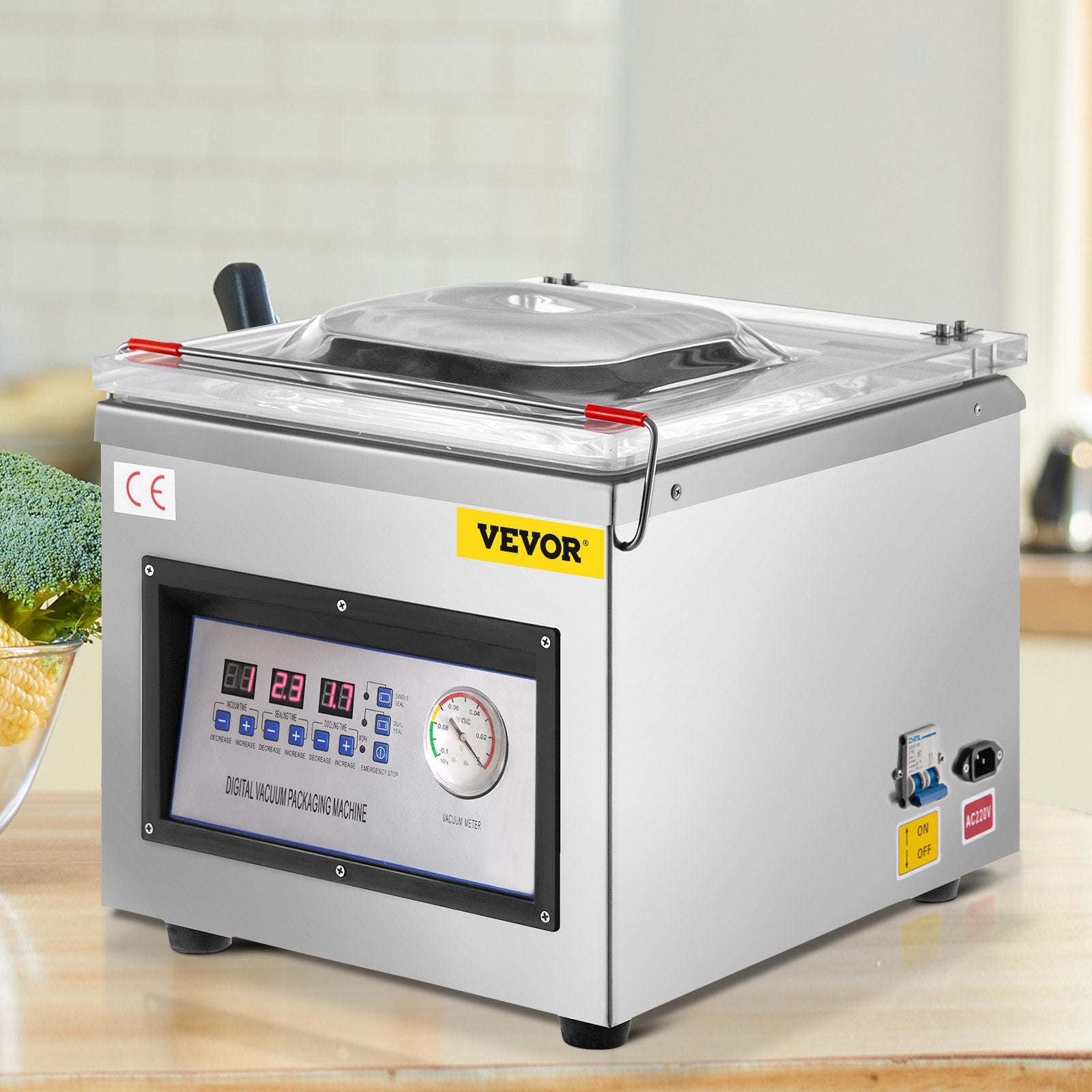 Vacuum packaging machine on a wooden surface with a blurred background
