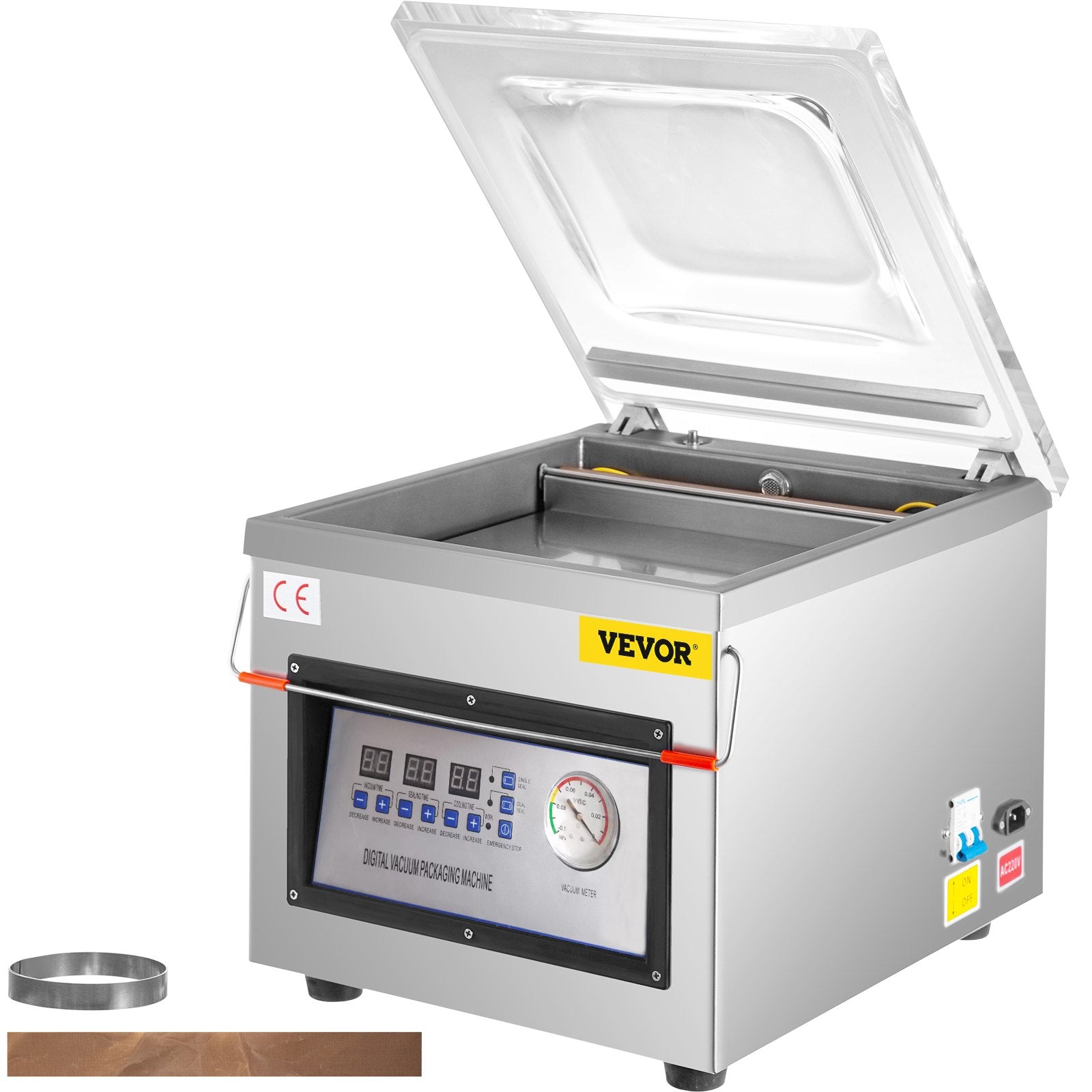 Vacuum packaging machine with digital display on a white background, featuring the Vevor brand.