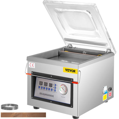 Vacuum packaging machine with digital display on a white background, featuring the Vevor brand.